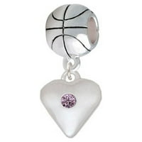 Голямо светло лилаво кристално сърце за рожден ден - баскетболен чар мънисто