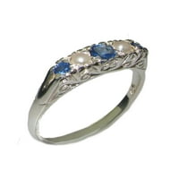 Британски направени стерлинги Silver Natural Sapphire & Cultured Pearl Womens Band Ring - Опции за размер - размер 12