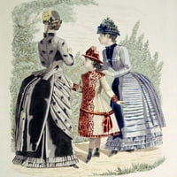 Ръчно оцветено гравиране на две жени, носещи рокли с суматоха, и история на момичетата
