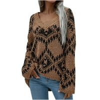 Пуловер за жени- отпечатано капка рамо пуловер свободни плетени върхове v Вратно от свободното време горни върхове с дълъг ръкав кафяв