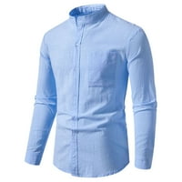 Мъже неприятна модна риза Блуза Редовно прилягане на плътен цвят дълъг ръкав бутон надолу с риза на ревера удобно леко дъно тийнейджъри светло синьо L