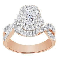 Бяла естествена диамантена възглавница форма Twist Shank Double Halo годежен пръстен в 14K розово злато с размер на пръстена 5