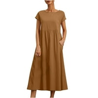 Дамски летни рокли небрежно лятно памучно бельо със солиден цвят кръгла шия рокля с къс ръкав дълга рокля кафе a xl