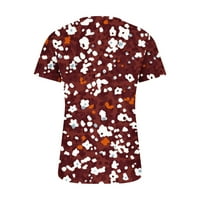 Летни тениски за женски бутон за печат v-образен деколте с къси ръкави върхове флорални шаблони тениски ежедневни туники блуза удобни дрехи вино xxl