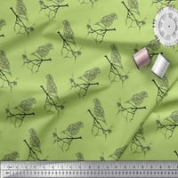Soimoi Green Rayon Crepe Fabric Branch & Bird Text Print Fabric по двор широк