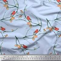 Soimoi Green памучен фланелка Fabric Branch, Floral & American Robin Bird Print Sewing Fabric Bty Wide