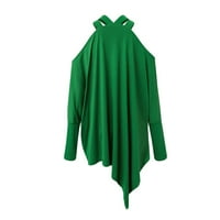 Блузи за жени дамски върхове с дълъг ръкав падат блузи халтер солидни ежедневни върхове зелени XL