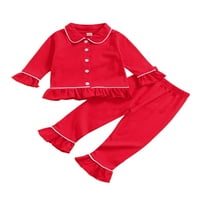 Деца бебе момиче пижама с дълъг ръкав ревера бутони с червени върхове + панталони костюм коледни дрехи
