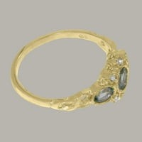Английски направен 10K жълто злато Естествено аквамарин и диамантен женски пръстен за годишнина - размер 4.75