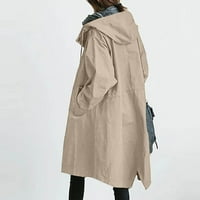Xinqinghao зимно палто якета за жени от твърд цвят качулка дълги ветроустойчиви якета Нерегулярни плисирани копчета якета с джобове плюс размер каки m