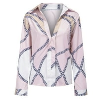 Женски върхове модни ежедневни удобни ризи с дълъг ръкав ревера отпечатък блуза с нисък ток розов m