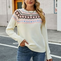 Пуловери пуловери за жени Модни жени Модни ежедневни ретро цветен контраст печат плетене с дълъг ръкав кръгла деколте пуловер ПРОДАЖБА БЯЛ