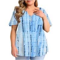 Guzom Womens Summer Tops- V-образно разхлабено принт Небрежен пуловер с къси ръкави ризи огромни плюс размер на резервоарите сини xxxxxl