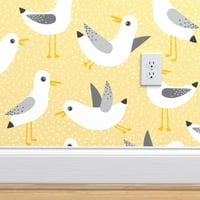 Swatch на търговски тапет - чайки жълти птици плаж пясък лято животни Air Sea Bird Traditional Wallpaper от Spoonflower