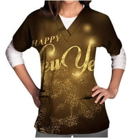 Честита Нова година отпечатани скраб върхове за жени с къс ръкав Небрежен V Врат работеща униформа Блуза удобна трайна скраб риза с джобове