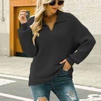 Дълъг пухкав ръкав ревел V Врат твърд пуловер пуловер за жени ежедневни свободни мощни модни плътни пуловерни върхове