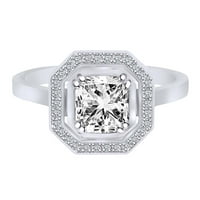 0. Карат Asscher & Round Cut White Natural Diamond Halo годежен пръстен 14k White Gold-14