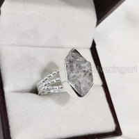 Натурален диамантен пръстен на Herkimer, груб диамантен пръстен на Herkimer, роден камък, изпъстрена лента, сребро на стерлинги, дамски пръстен, Коледа, благодарност, ръчно изработени, бижута, бижута с груби