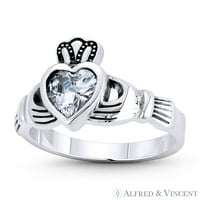 Ирландски клада за ръце и сърце чар CZ Crystal Love & Friendly Promise Ring в окислени. Стерлинг сребро