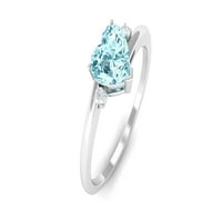 Natural Aquamarine Politaire Promise Ring с диамант - сърдечен пръстен, сребро на стерлинги, САЩ 9.00