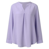 Женски ризи с дълъг ръкав с твърд цвят свободен небрежен V врат пуловер Топ дами летни върхове и блузи