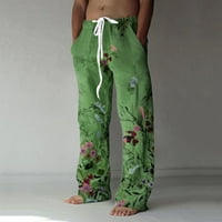 Мъжки модни ежедневни отпечатани ленени джобни дантелени панталони панталони с голям размер мъжки панталони зелени XL