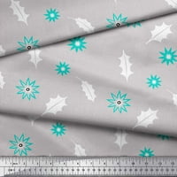 Soimoi Grey Polyester Crepe Fabric Star & Holly Leaves Print Sheing Fabric Wide