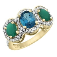 14K жълто злато естествено Лондон синьо топаз и кабошон изумруден 3-каменна пръстен Овален диамантен акцент, размер 6.5
