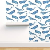 Peel & Stick Wallpaper 3ft 2ft - Сини китове Бели акварелни океански морски морски живот Детска детска стая по поръчка подвижен тапет от Spoonflower