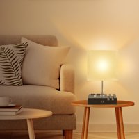 Лебедна лампа, Way Dimmable Lamp Lamp с USB портове за зареждане на AC Outlet, нощна лампа със сива тъкан сянка лампа спалня за спалня за хол, четене, офис