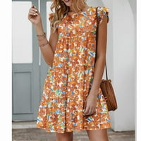 Продавач на FOPP Женски твърд цвят O-Neck с късо ръкав Небрежна пола Плиси Голяма пола рокля оранжева S