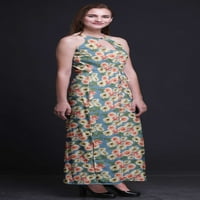 Bimba Floral Women Lealecess Crew Neck Halter Bown със странични прорези Maxi Dress-XXX-Clarge