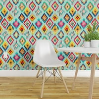 Swatch Wallpaper Swatch - Ikat Aqua Painting Mint Colorful Резюме синьо бохемски модерен жизнен геометричен художник традиционен тапет от спон