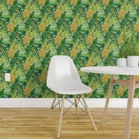 Peel & Stick Wallpaper 9ft 2ft - тропически листа Ананас Зелен палмов банан джунгла Лятна ваканция Остров Жълт по поръчка сменяем тапет от Spoonflower