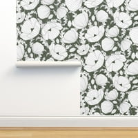 Подвижен тапет 9 фута 2 фута - Флорални макове Бохо цветя маслинови бяла линия Рисуване с мащабни листа ретро зелено персонализиран тапет с предварително изпращане от спон