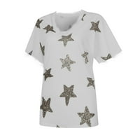 Podplug жени лято V-образно деколте звезден печат с къс ръкав дантела пачуърк тениски блуза