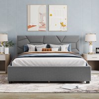 Queen Size Тапициран платформа легло с чекмеджета за съхранение, модерна рамка за легло с платформа с табло за тухли и летви поддръжка за апартамент в спалня, без пружин