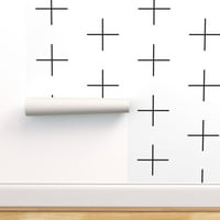 Тапет за търговски клас 27ft 2ft - тънка линия Swiss Cross Black White плюс геометричен минималистичен знак Разсадник Пол Неутрален традиционен тапет от Spoonflower