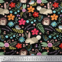 Soimoi Japan Crepe Satin Fabric Floral, Rabbit & Porcupin
