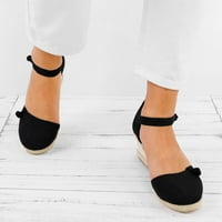Жени дами ретро ленено платно клин кръг пръст на ежедневни сандали сингли обувки черно 6
