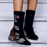 Дамски обувки модни жени винтидж бродерия западни ботуши квадратни пръсти флорални ботуши средни обувки за теле черни