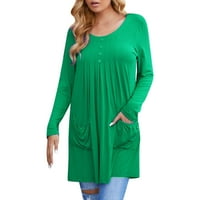 Жени кръгла шия бутон с дълъг ръкав отгоре солиден цвят пуловер джоб болезнен ежедневна тениска spande с дълъг ръкав риза дамски тениски с дълъг ръкав плюс дамски акт?