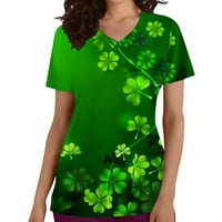 Женски ризи на St.Patrick Day Rishs Clover Print Tops Crewneck Тениска с къси ръкави TEE TUNIC CUNCH Pocket Blouses работни униформени дрехи за момичета Черни XL отстъпка