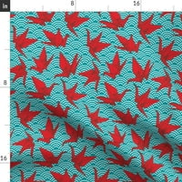 Памучен сатен фланцираща ръб шамар, евро - кранове оригами везни вълни морски океан абстрактно геометричен японски азиатски аква син тюркоаз червена птица печат п?