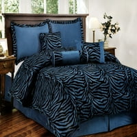 7-PC Fau Fur Flocking Zebra Pattern Comforter Set Blue Black Micro Fiber Queen