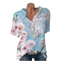 Aueoeo летни върхове за жени, дамски летни тениски с къс ръкав Нерегулярен подгъва на разхлабени туники върхове Флорални принт Техри блузи ризи с джобове