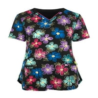 Жени ежедневни v скраб за скраб за врата Флорални печат свободни ризи с къс ръкав летни върхове тениска блуза