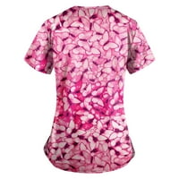 Sksloeg Scrubs for Women Cartoon Butterfly Printed Top Workwear с джобове с къси ръкави за кърмене работна униформа, розов XXL