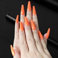 Екстра дълга преса върху ноктите ковчег оранжеви фалшиви нокти лъскави пълни покрития твърд цвят фалшиви нокти балерина ноктите изкуство акрилни нокти съвети за пръчки върху ноктите за жени
