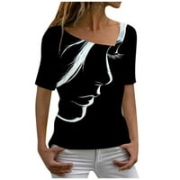 Разчистване летни върхове за жени модерни V-образно деколте ежедневни блузи отпечатани жени Разхлабени къси ръкави блузи, черни, m